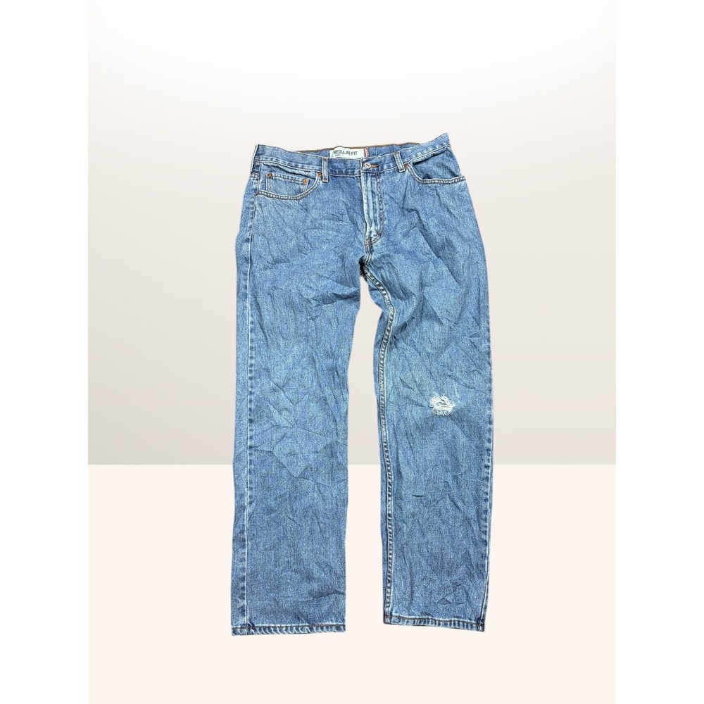 Levis 505 Regular Fit Jeans Mens 36x30 Denim Straight Leg Medium Wash Distressed